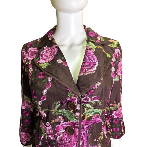 ECI New York Womens Brown Floral Embroidered Silk Blazer Jacket Size 4 Fall EUC - Picture 3 of 7